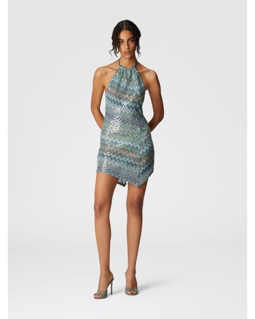 Robe Courte Asymétrique Couvrante En Viscose Lamé Zigzag À Sequins, Femme, Taille Missoni en coloris Blue