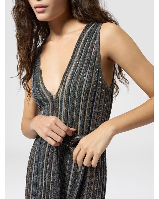 Missoni Gray Long Knit Dress With Sequins And V-Neck