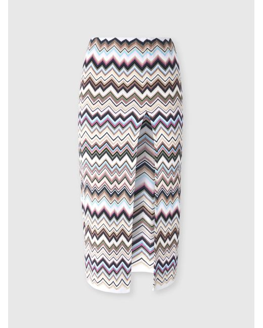 Missoni White Zig Zag Viscose And Wool Midi Skirt With Slit
