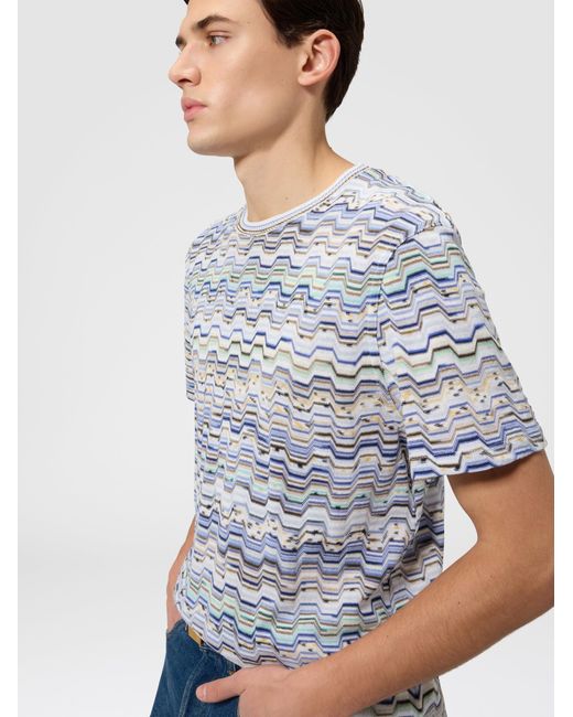 Missoni Blue Crew-Neck Cotton T-Shirt With Raschel Knit And Greek Motif for men