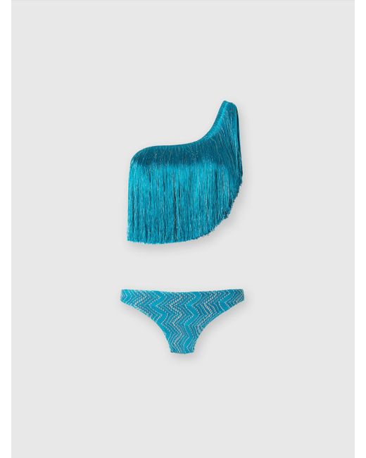 Missoni Blue One-Shoulder Zigzag Lamé Viscose Bikini With Fringes