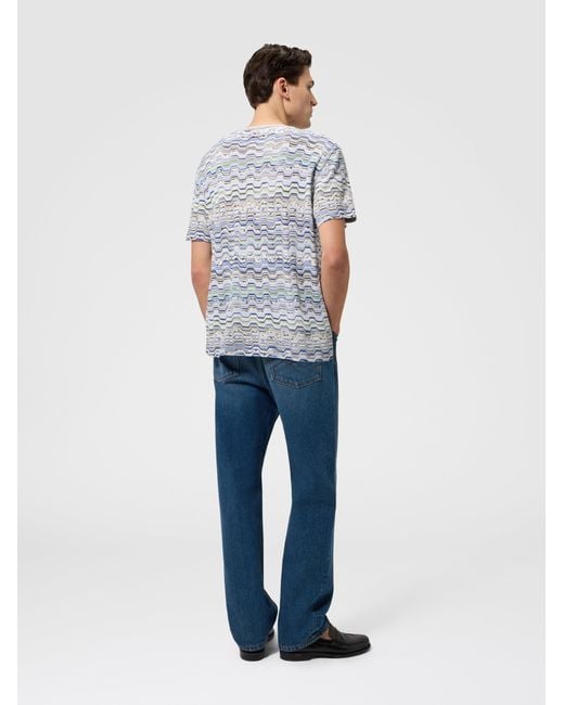 Missoni Blue Crew-Neck Cotton T-Shirt With Raschel Knit And Greek Motif for men
