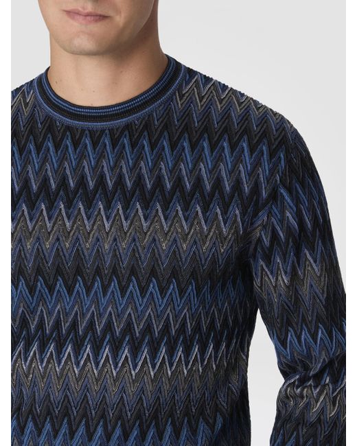 Missoni Blue Crew Neck Sweater With 3D Zigzag Pattern for men