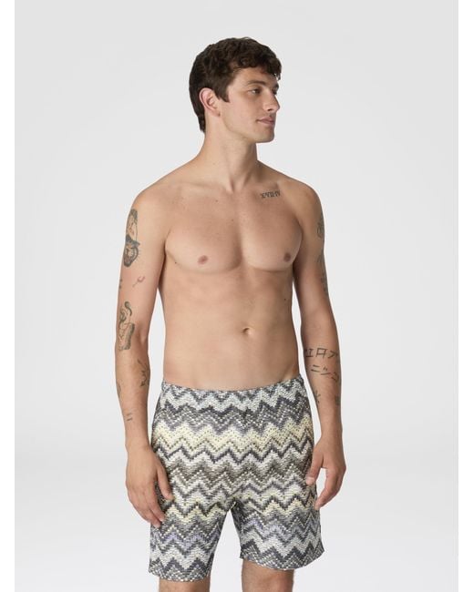 Missoni White Long Swim Shorts With Dashed Zigzag Print for men
