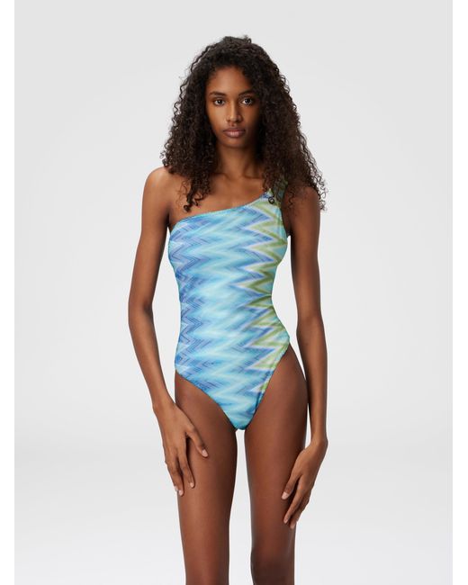 Missoni Blue One-Shoulder Swimsuit With Faded Stripes