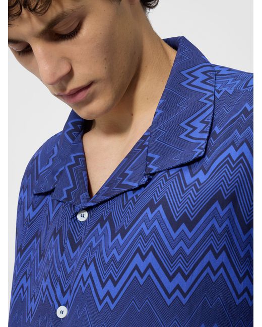Missoni Blue Bowling Shirt With Tone-On-Tone Irregular Zig Zag Print for men