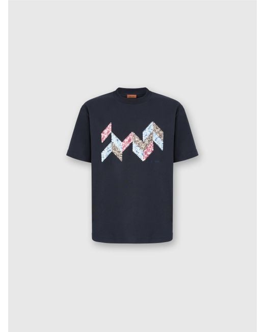 Missoni Blue Short Sleeve T-Shirt With Flame Zigzag Insert And Logo for men