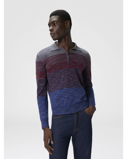 Missoni Langarm-Poloshirt Aus Reiner Wolle Mit Flammenmuster, Herren, Rot & Blau, Größe in Blue für Herren