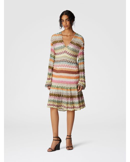 Missoni White Long Sleeve Short Dress With Zig Zag Lace Pattern