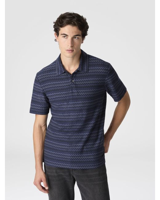 Missoni Blue Short Sleeve Cotton Polo With Zigzag Pattern for men