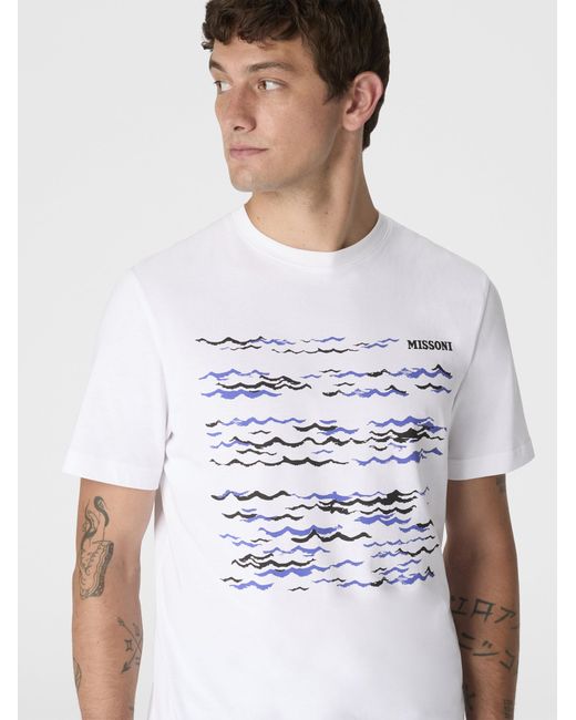 Missoni White Crew-Neck Cotton T-Shirt With Wave Print And Logo for men