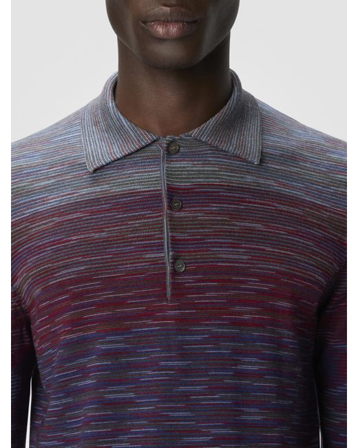 Missoni Langarm-Poloshirt Aus Reiner Wolle Mit Flammenmuster, Herren, Rot & Blau, Größe in Blue für Herren