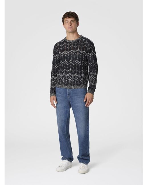 Missoni Black Crew-Neck Cotton Chevron Pullover With Ribbed Trims for men