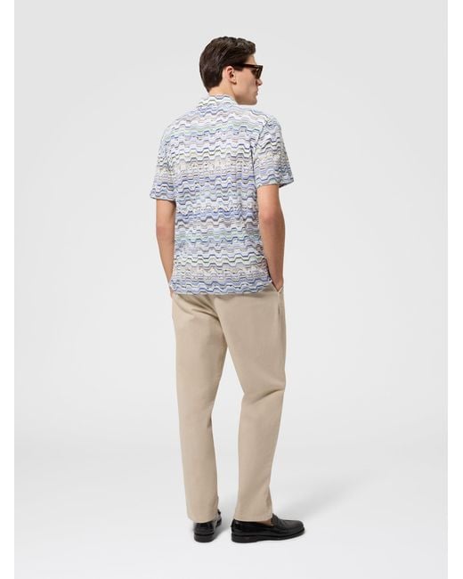 Missoni Blue Cotton Polo Shirt With Raschel Knit And Greek Motif for men