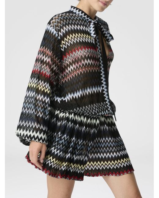 Missoni Multicolor Zigzag Viscose And Cotton Mini Dress With Bow, & Multicoloured