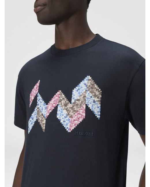 Missoni Blue Short Sleeve T-Shirt With Flame Zigzag Insert And Logo for men