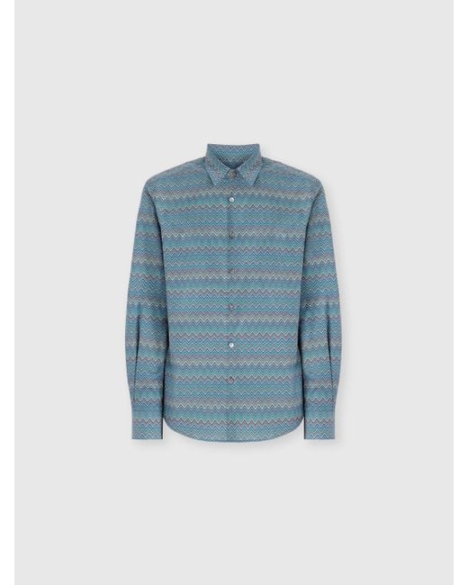 Missoni Blue Poplin Cotton Shirt With Zigzag Pattern for men