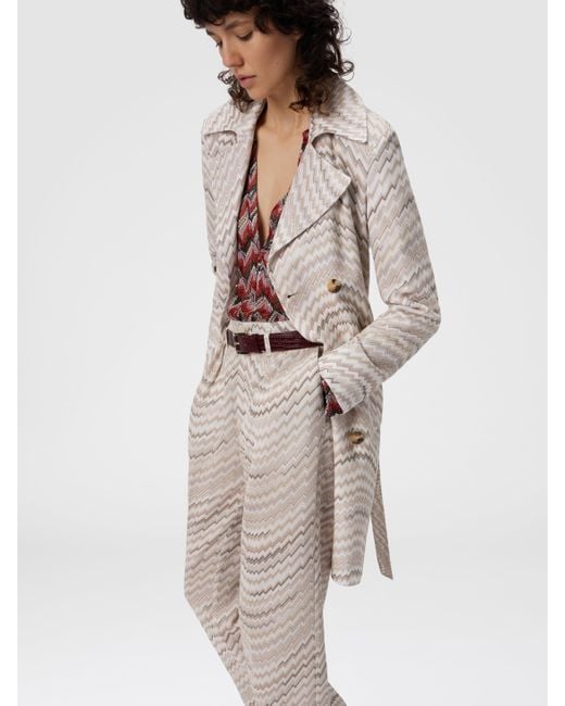 Missoni White Double-Breasted Trench Coat With Wavy Zigzag Pattern