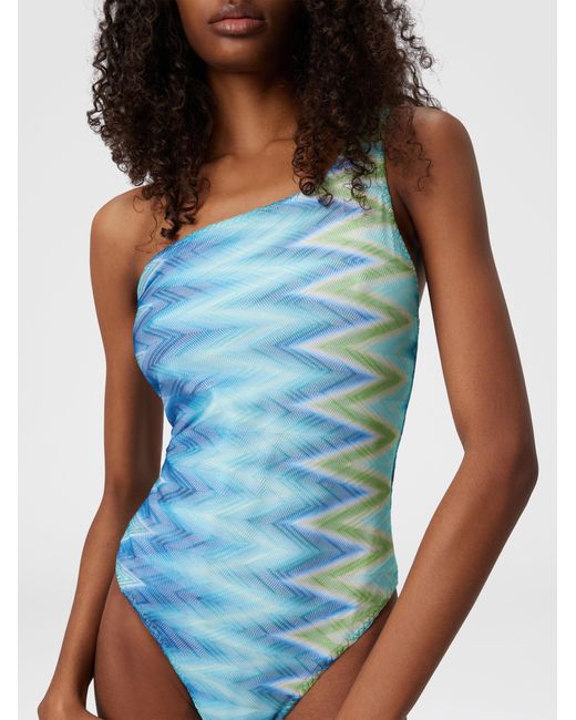 Missoni Blue One-Shoulder Swimsuit With Faded Stripes