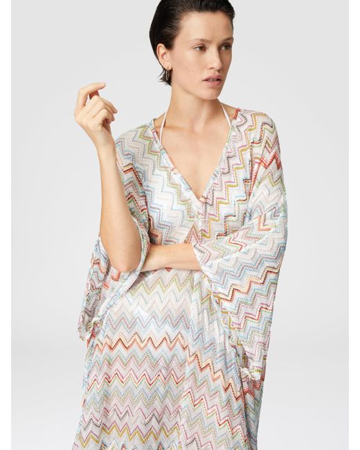 Missoni White Long Kaftan With 3D Zig Zag Lamé And Batwing Sleeves