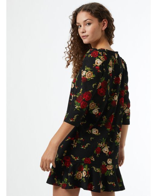 miss selfridge frill hem mini dress in black floral