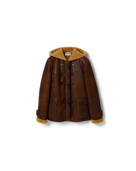 Miu Miu Brown Waxed Shearling Duffle Coat