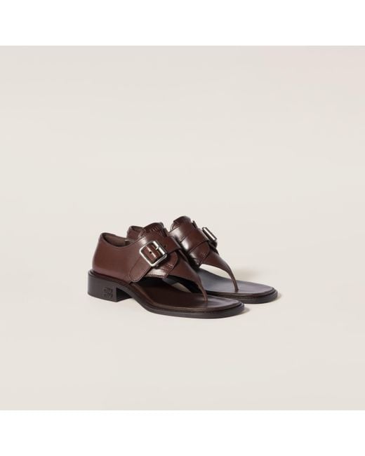 Miu Miu Brown Leather Thong Sandals With Buckle