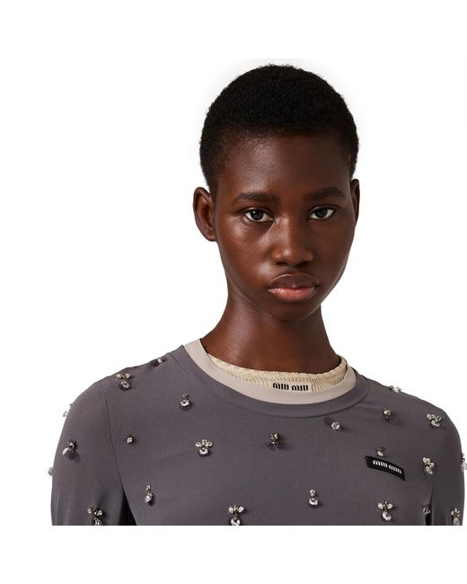 Miu Miu Gray Embroidered Stretch Georgette Dress