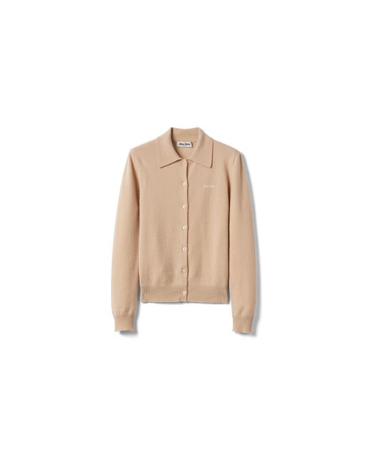 Miu Miu Natural Intarsia-Knit Logo Cardigan