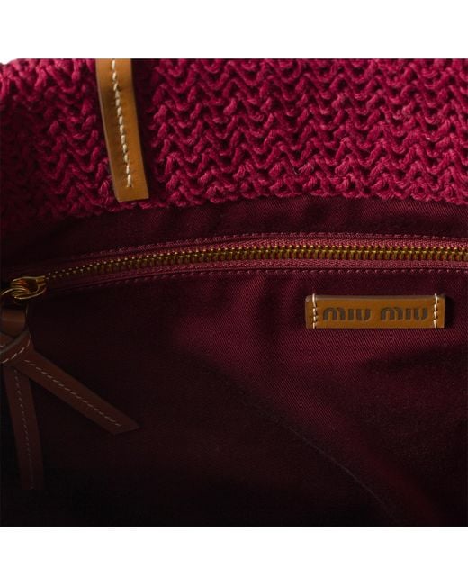 Miu Miu Red Raffia-Effect Woven Tote Bag