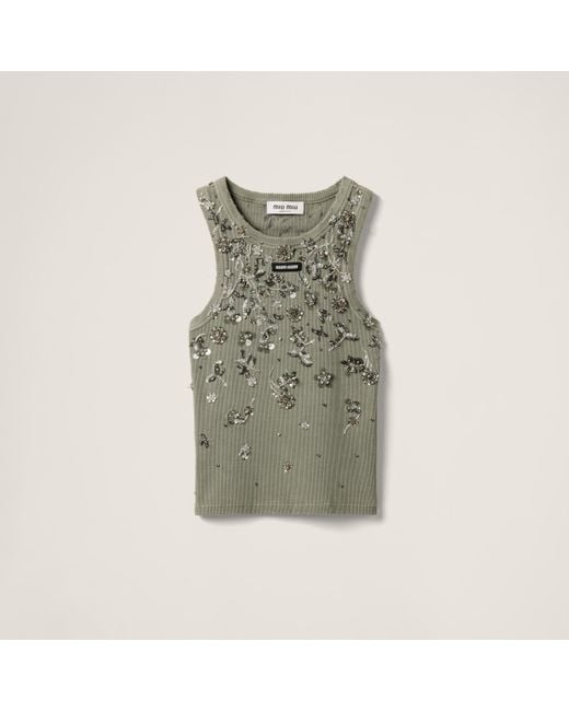Miu Miu Green Garment-Dyed Embroidered Ribbed Knit Jersey Top