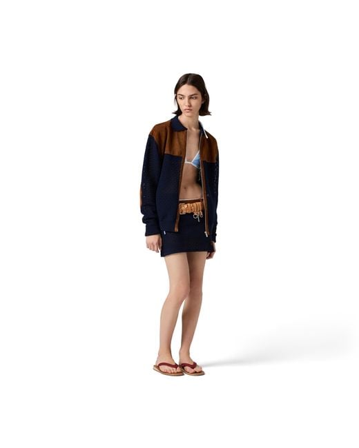Miu Miu Blue Cotton Crochet And Suede Cardigan