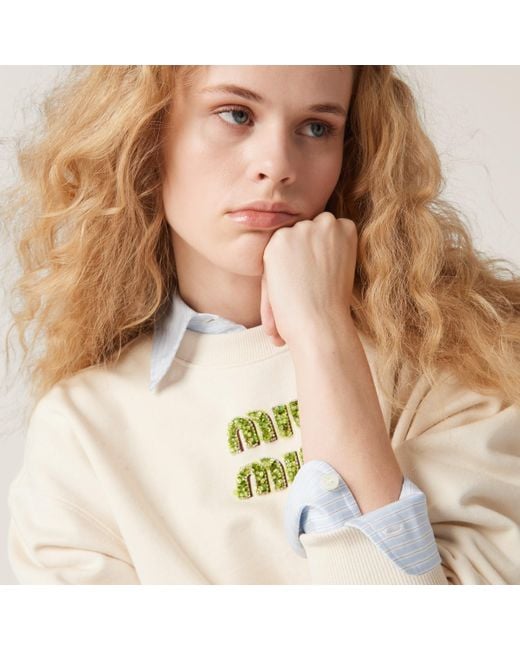 Miu Miu Natural Sweatshirt With Embroidered Logo