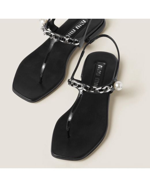 Miu Miu Black Patent Leather Thong Sandals