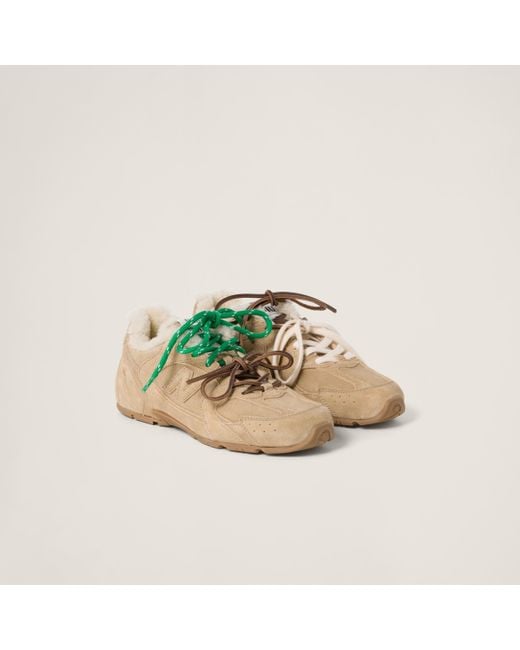 Miu Miu Shearling-Lined Leather Sneakers Collaboration | Lyst