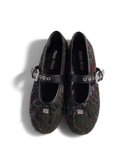 Miu Miu Black Plaid Tweed Ballerinas