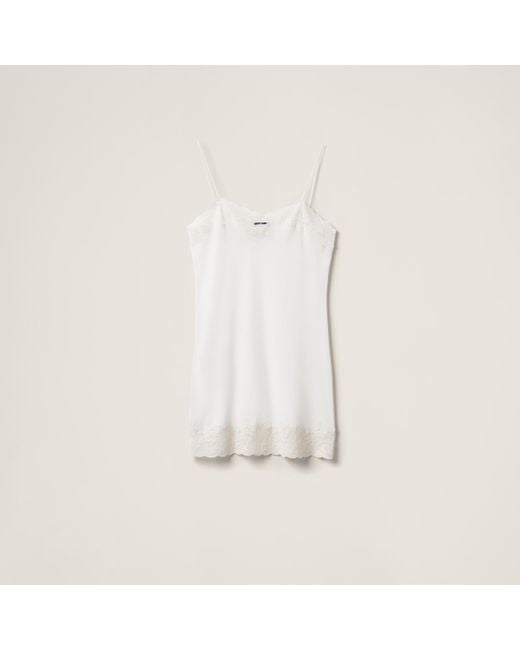 Miu Miu Natural Ribbed Jersey And Lace Dress