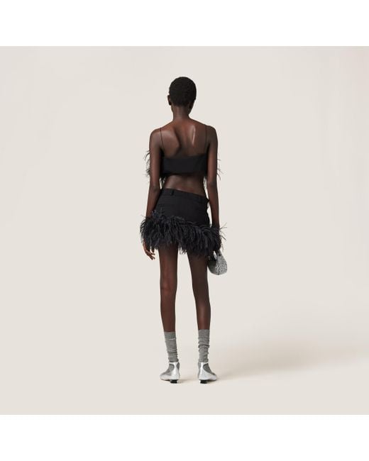 Miu Miu Black Feather-Trimmed Grain De Poudre Miniskirt