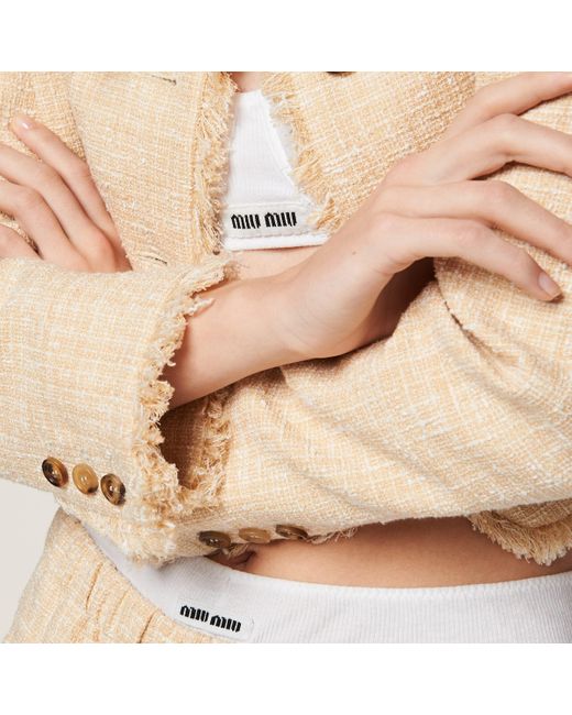 Miu Miu Natural Single-Breasted Tweed Jacket With Embroidered Logo