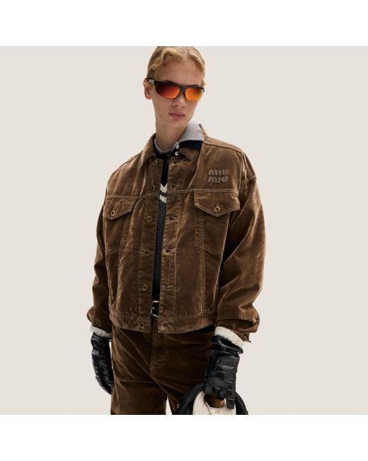 【日本入手困難】Washed flocked chambray blouson jacket Miu Miu Washed Flocked Chambray Blouson Jacket in Brown | Lyst