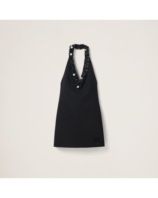 Miu Miu Black Embroidered Grain De Poudre Mini-Dress