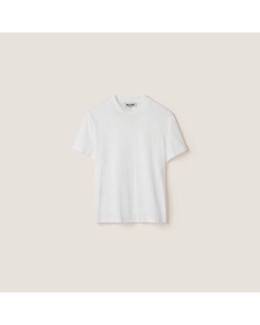 Miu Miu White Embroidered Jersey T-shirt