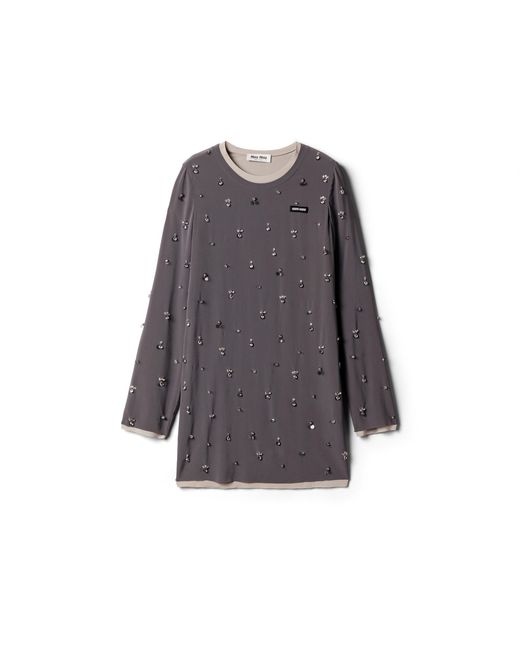 Miu Miu Gray Embroidered Stretch Georgette Dress