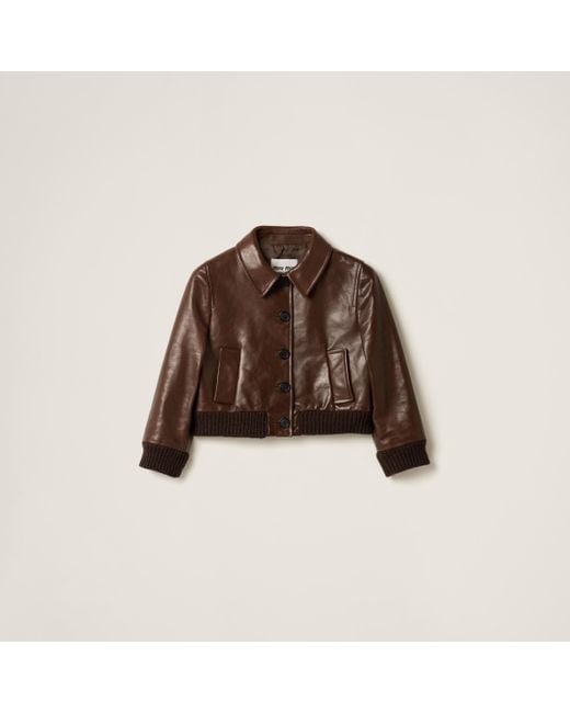 Miu Miu Cropped Leather Jacket in Brown | Lyst Miu Miu Cropped Leather Jacket in Brown | Lyst