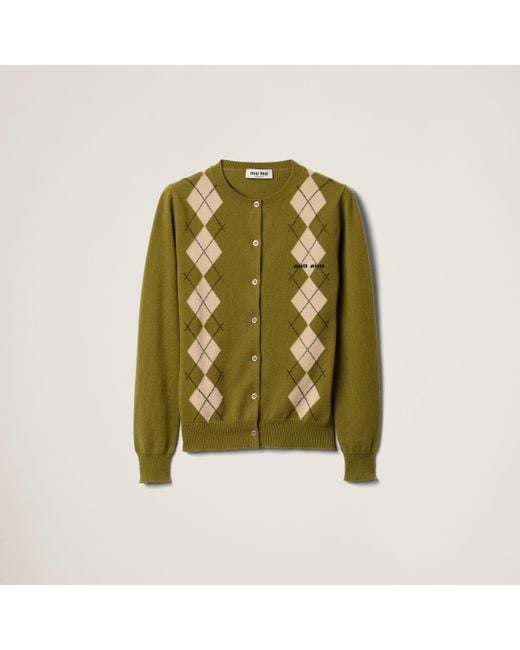 Miu Miu Green Italian Argyle Intarsia Knit Cashmere Crewneck Cardigan