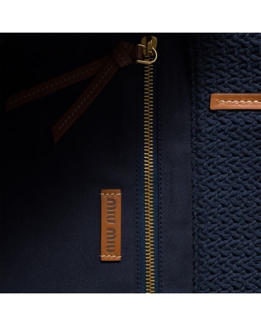 Miu Miu Blue Raffia-Effect Woven Tote Bag