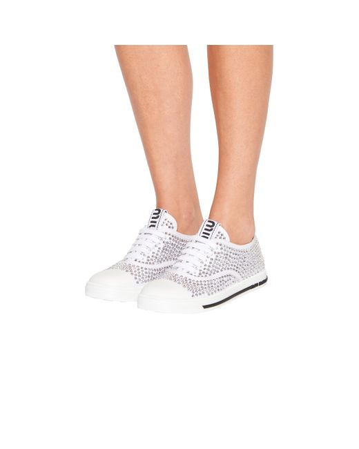 Miu Miu White Crystal-studded Gabardine Cotton Sneakers
