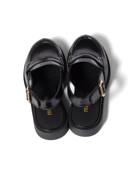 Miu Miu Black Brushed Leather Slingback Loafers