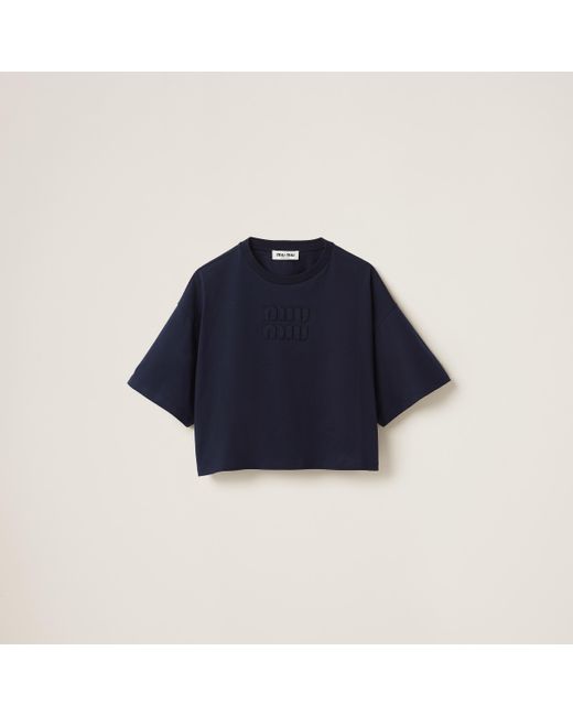 Miu Miu Blue Cotton Jersey T-shirt With Embroidered Logo