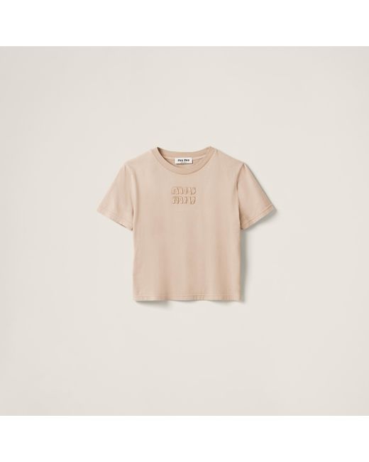 Miu Miu Natural Garment-Dyed Jersey T-Shirt With Embroidered Logo